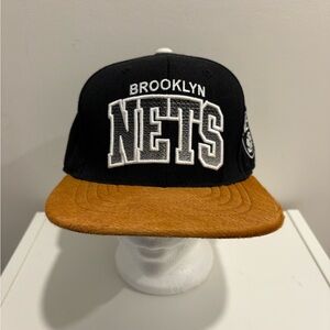 Brooklyn Nets Black and Brown Cap Mitchell and Ness leather strap back faux hair